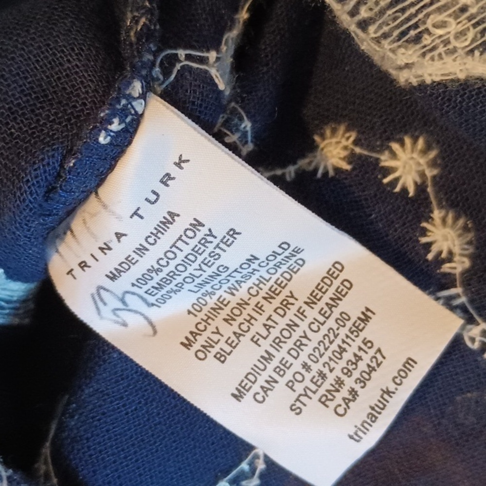 Trina Turk Blue White Embroidered Floral Sheer Blouse I - Picture 3 of 6